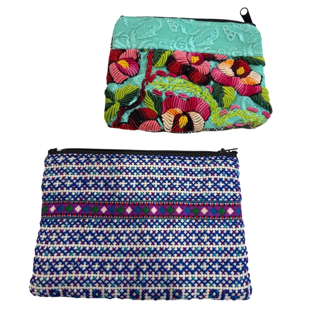 Mexican Handcrafted Embroidered Floral & Geometric Cotton Coin Purse Pouch Set 2